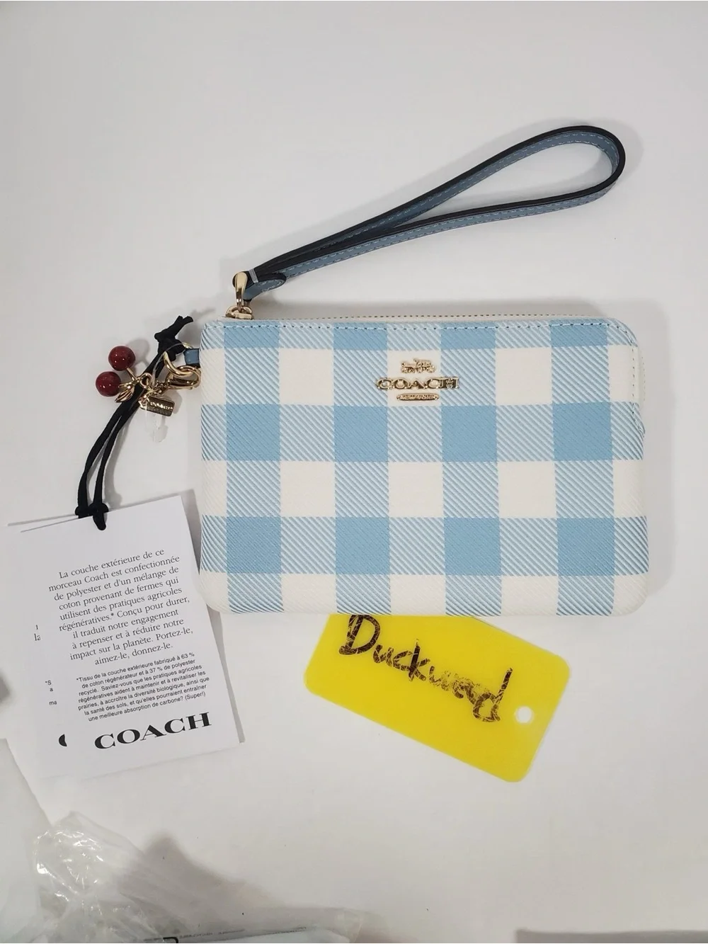 Coach Blue Gingham Wristlet Pouch with Cherry charm NWT